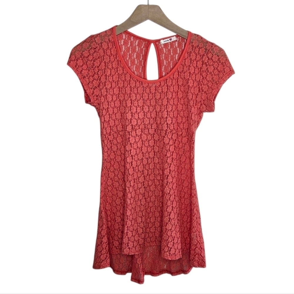 Lovely 153 Coral Orange Lace Unlined High-Low Tunic Top Size Small
